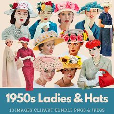 1950s Vintage Hats fashion clipart bundle Retro Ladies Hats Digital Images for 50s Junk Journal or Scrapbook. 1950s Ladies Fashion and Hats. Use these images for junk journals, decoupage, collages, altered art, scrapbooking, card making, and any other creative thing you can think of. These are quality vintage 1950s clipart images scanned and restored from 1950s magazines. I have really enjoyed putting them together for you. I have collected these images over two decades in vintage magazines, advertisements, books, postcards, etc. I have a whole house full and thought I would start to share them with others. I have spent a long time going through identifying what I think are the best ones. Using Photoshop I removed the backgrounds of each image and then retouched them to remove any distract 1950s Clipart, Retro Clipart, Ladies Hats, Fashion Clipart, Women Hats Fashion, Hats Fashion, Women Hats, Vintage Hats, Vintage Hat