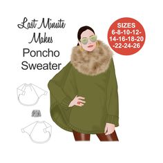 *DOWNLOAD SEWING PATTERN multisizes 6-8-10-12-14-16-18-20-22-24-26* *PRINT ON A4, LETTER, A0 & ArchE SIZES; all included in your pattern* This easy-peasy Poncho Sweater will keep you warm and looking good. Sweater has a classic jewel neckline, very deep raglan sleeves and a relaxed poncho silhouette. Neckline bust darts give a smooth bulk-free fit; full length sleeves finish with deep turn-back cuffs.  Sweater neckline & hem are finished with narrow knit bands. Wear this as a cozy outer layer ov Sweater Sewing Pattern, Poncho Pullover, Boho Poncho, Slim Fit Sweater, Poncho Pattern, Dressy Pants, Ponte Pants, Fashion Sewing Pattern, Poncho Sweater