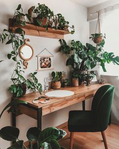 a wooden desk topped with lots of green plants next to a mirror and potted plants