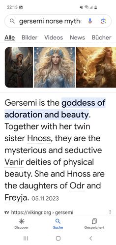 an image of two women and one man, with the caption'gerseenii is the goddess of adoration and beauty together with her twin sister horos they are