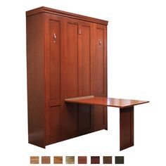 an office desk and cupboards with different colors