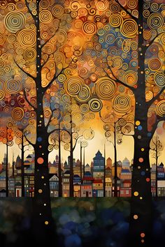 an abstract painting of trees and buildings in the distance, with circles on their leaves