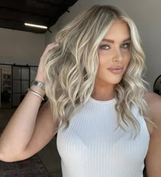 Full Blonde Hair Color, Blonde Hair Lighter Around Face, Platinum Blonde Hair Dimension, Bright Blonde Highlights With Root Smudge, Blonde A Line Bob Long, Platinum Blonde Balayage With Lowlights, Platinum Blonde Balayage With Money Piece, Rooted Blonde With Lowlights, Root Melt Blonde Curly Hair