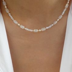 Material: gold plated brass Length: 14" + 3" extension IMPORTED Minimal Handmade Jewelry, Loom Beaded Necklace, Big Bead Necklace, Beaded Necklace White, White Beaded Necklace, White Beaded Necklaces, Beaded Necklace Diy, Handmade Jewelry Tutorials, White Pearl Necklace