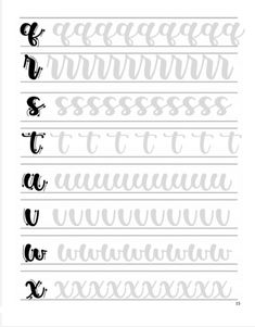 cursive writing practice sheet with the letters and numbers in black on white paper