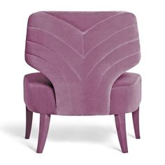 an upholstered purple chair with wooden legs