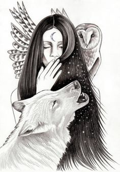 a drawing of a woman with an owl on her shoulder next to a wolf's head