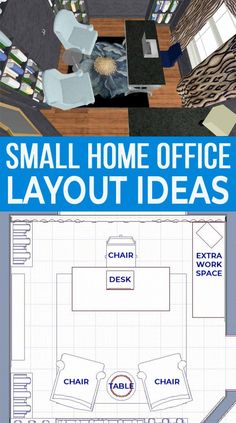 the small home office layout is shown in blue and white