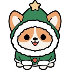 a corgi wearing a santa claus hat and green sweater with a star on top