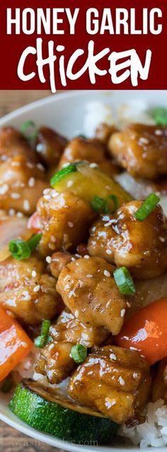 honey garlic chicken with carrots, broccoli and rice on a plate