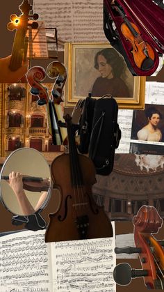 a collage of musical instruments and music sheets