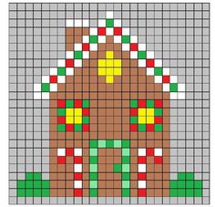 a cross stitch pattern that looks like a gingerbread house with red, green and yellow squares