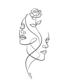 a line drawing of two women's faces with roses in their hair and one woman's face behind them