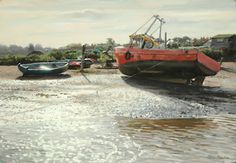 a painting of two boats in the water near one another, and an older boat on the other side