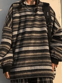 Striped Pullover Knit Sweater - AnotherChill Winter Knit Sweater, Grandma Sweater, Pull Oversize, Retro Mode, Mens Fashion Fall, Oversized Pullover, Round Neck Sweaters, Winter Mode, Plus Size Womens Clothing