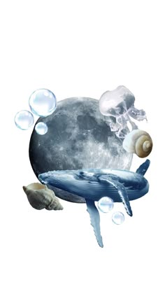 an image of a whale with bubbles coming out of it's mouth and the moon in the background