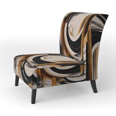 an upholstered chair with black and white designs