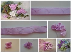 several pictures of different flowers and ribbons