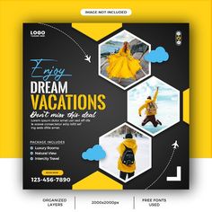 a yellow and black flyer for a travel company with images of people in the background