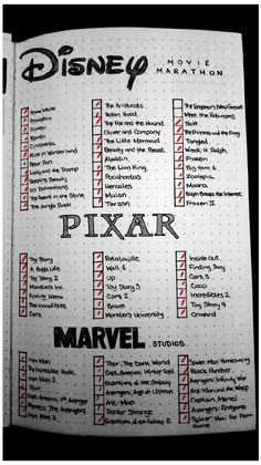 the disney pixar movie list is shown in black and white with red lettering