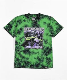 The kids' Stunt Devil t-shirt from Broken Promises comes in a green and black tie dye colorway with a screen-printed graphic of a skeleton driving a large, lifted truck on the front and a small brand tag on the hem. Lifted Truck, Broken Promises, Workout Fits, Black Tie Dye, Graphic Top, Brand Tags