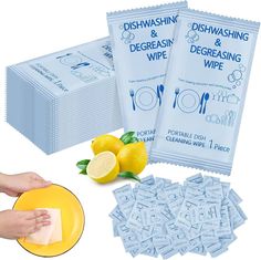 two packs of disposable dishwashing wipes and lemon slices