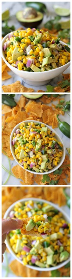 corn and avocado salsa in a white bowl surrounded by tortilla chips