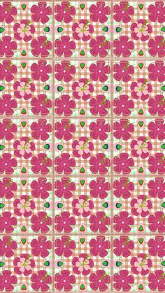 a pink and green checkered pattern with flowers on it, as well as an image of