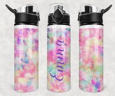 two colorful water bottles with the word love written on them