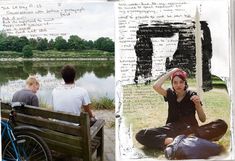 two people sitting on a bench next to a lake and another person with a bike