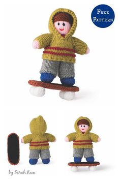 an image of a knitted doll on a skateboard in three different poses with text overlay that says free pattern