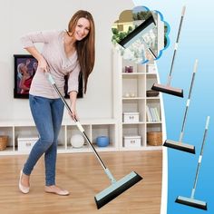 a woman is cleaning the floor with a mop