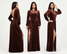 Brown Velvet Dress, Bridesmaid Dress, Velvet Long Dress, Low Back Dress, Long Sleeve Dress, Evening Gown, Gown Dress, Modest Dress - Etsy Bosnia and Herzegovina Brown Fall Wedding Dress, Fitted Brown Maxi Dress For Wedding, Full Length Fall Wedding Dress, Long Sleeve Maxi Dress For Fall Bridesmaid, Long Sleeve Maxi Dress For Bridesmaid In Fall, Fitted Long Sleeve Bridesmaid Dresses, Fitted Long Sleeve Bridesmaid Evening Dress, Formal Brown Long Sleeve Maxi Dress, Brown Long Sleeve Evening Dress