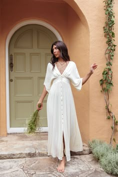 Paradise Found V-Neck Button Maxi Dress Natural Cream Colored Maxi Dress, Full Sleeve Dress Casual, Style White Maxi Dress, Women Flowy Dress, Garden Bridal Shower Outfit, White Flowy Boho Dress, Casual Wedding Dress Backyard, Neutral Photoshoot Outfits, Flowy Engagement Dress