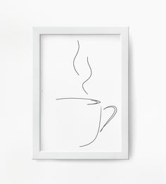 a drawing of a coffee cup in a white frame