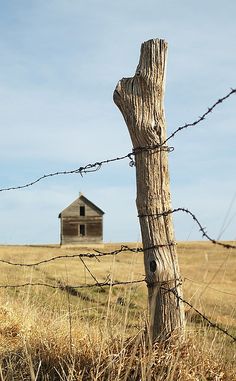 an old wooden house behind a barbed wire fence in the middle of a grassy field