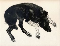 a black and white drawing of a dog laying on its side with it's head down