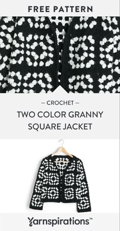 two color granny square jacket with free pattern on the front and back, both in black and white