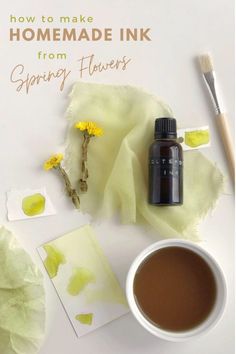 a cup of coffee and some flowers on a white table with the title how to make homemade ink from spring flowers