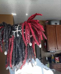 Black Locs With Highlights, Dread Hair Color Ideas, Dreads Color Ideas Locs For Women, Split Dyed Locs, Red And Black Locs, Half Dyed Locs, Dread Color Ideas Locs