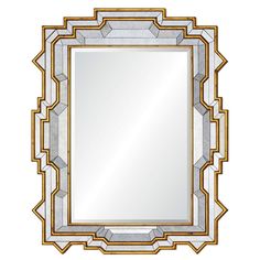 an art deco mirror with gold trimmings and a square shaped design on the frame