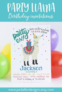 a birthday card with an image of a llama on it and balloons in the background