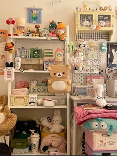 a room filled with lots of stuffed animals and other stuff items on top of shelves