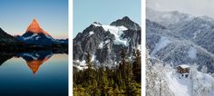 three different views of mountains with snow on them and trees in the foreground, along with a body of water