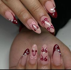 nails, nail art, aesthetic, nails, pretty nails, bows, bows on nails, coquette, coquette nails, Christmas nails, winter nails, red nails, almond shaped nails, French tip, pink nails, acrylic nails