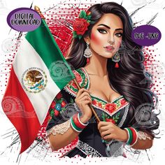 a woman holding a mexican flag in front of her face and the words digital download