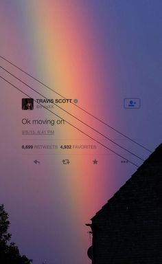 a rainbow is seen in the sky over a house and power lines with an instagram message about moving on