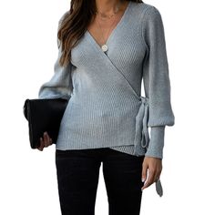 Gray Wrap Front V Neck Knit Sweater Fitted Knit V-neck Sweater For Fall, Gray Knit Top For Fall, Fitted Soft Knit V-neck Sweater For Fall, Gray Knit Top For Fall Layering, Gray Ribbed Cardigan For Fall, Chic V-neck Sweater For Fall, Fitted Textured Knit V-neck Sweater For Fall, Gray Knit V-neck Sweater For Spring, Gray V-neck Knit Top For Winter