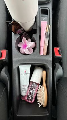 Cute Girly Car Interior, First Car Decorations, Clean Car Aesthetic Interior, Car Essentials Aesthetic, Small Car Aesthetic, What’s In My Car, Cute First Cars, Car Organization Aesthetic, Aesthetic Car Interior Decor