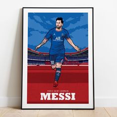 a framed poster of a soccer player with the name messi in front of him